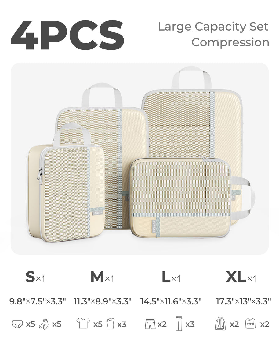 Set of four beige compression bags with size specifications and item capacity indicators.