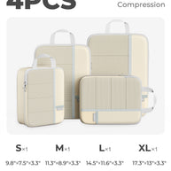 Set of four beige compression bags with size specifications and item capacity indicators.