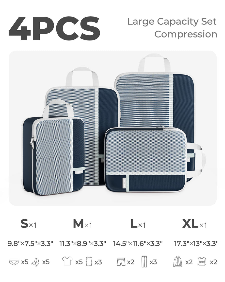 Set of four compression bags with sizes S, M, L, and XL on a white background.