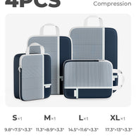 Set of four compression bags with sizes S, M, L, and XL on a white background.