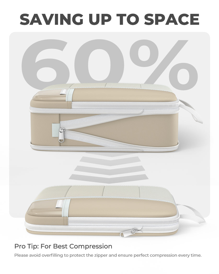 Beige compression bags with text indicating space-saving benefits on a white background