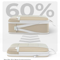 Beige compression bags with text indicating space-saving benefits on a white background