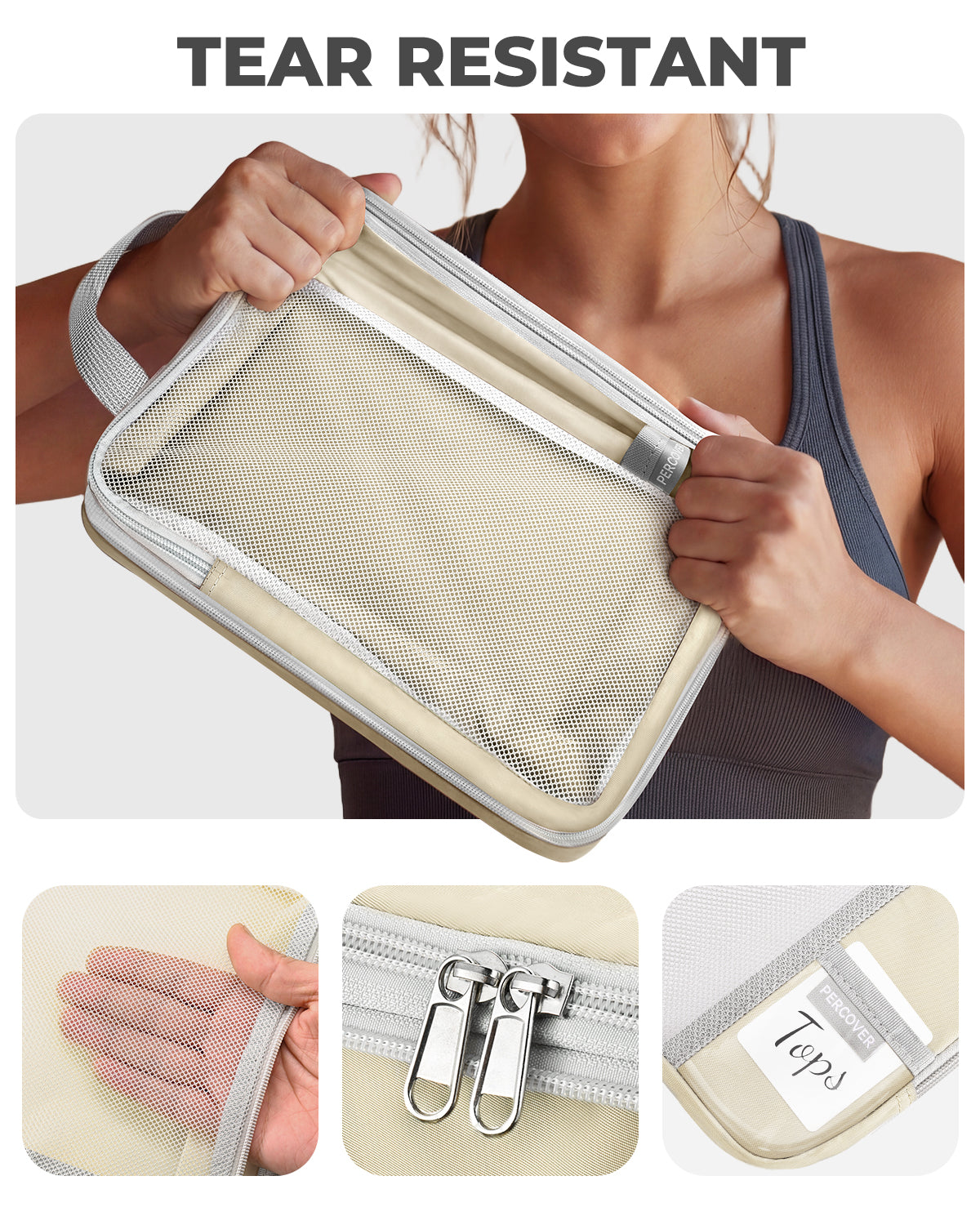 Person holding a tear-resistant pouch with close-up insets showing its features.