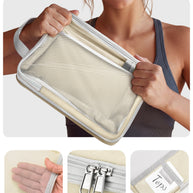 Person holding a tear-resistant pouch with close-up insets showing its features.
