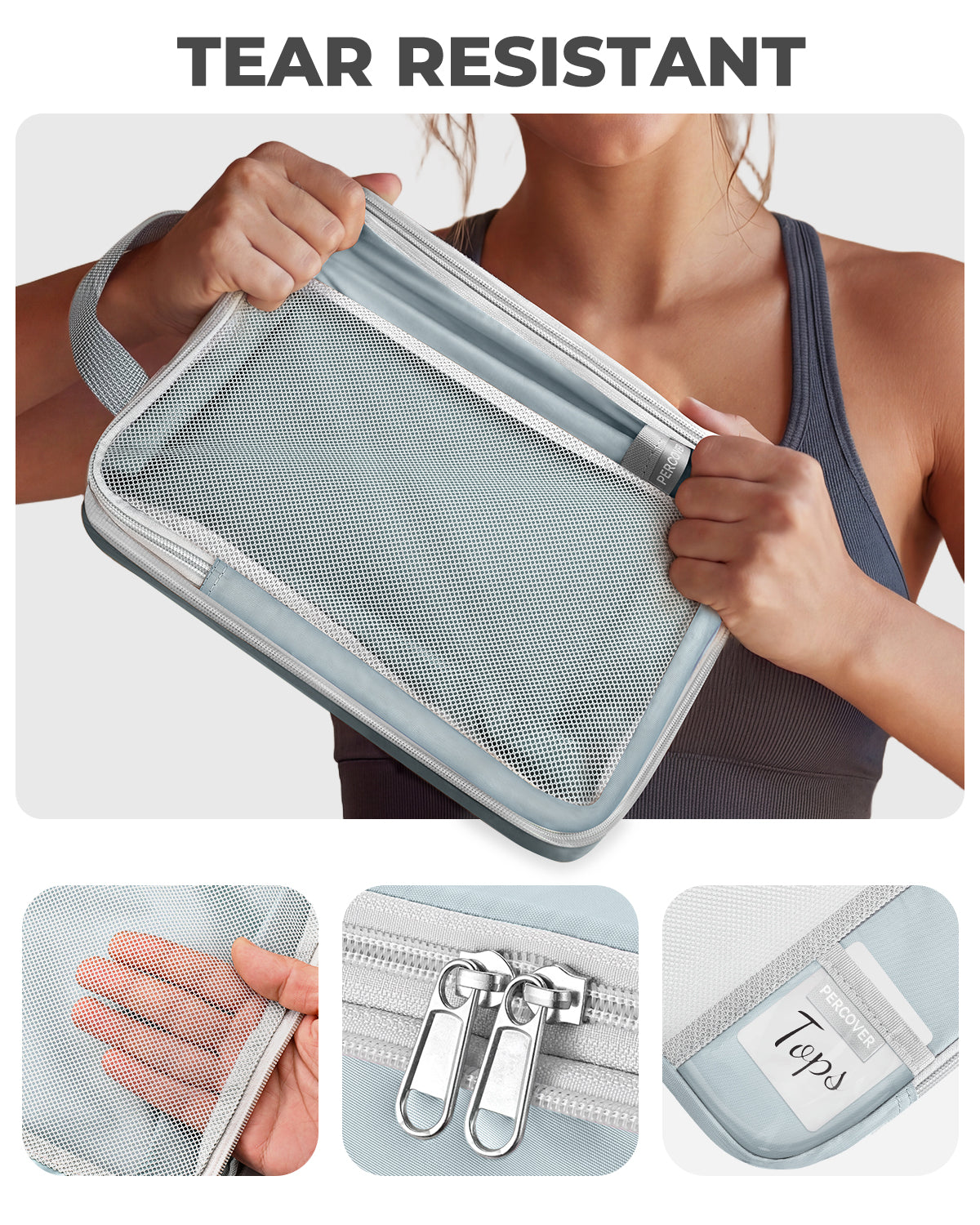 Person holding a gray travel pouch with mesh side, showing tear resistance feature.