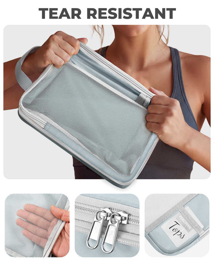 Person holding a gray travel pouch with mesh side, showing tear resistance feature.