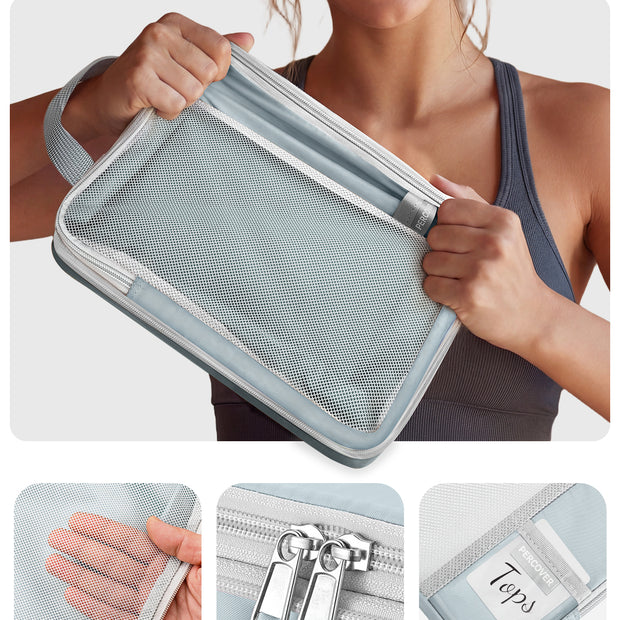 Person holding a gray travel pouch with mesh side, showing tear resistance feature.