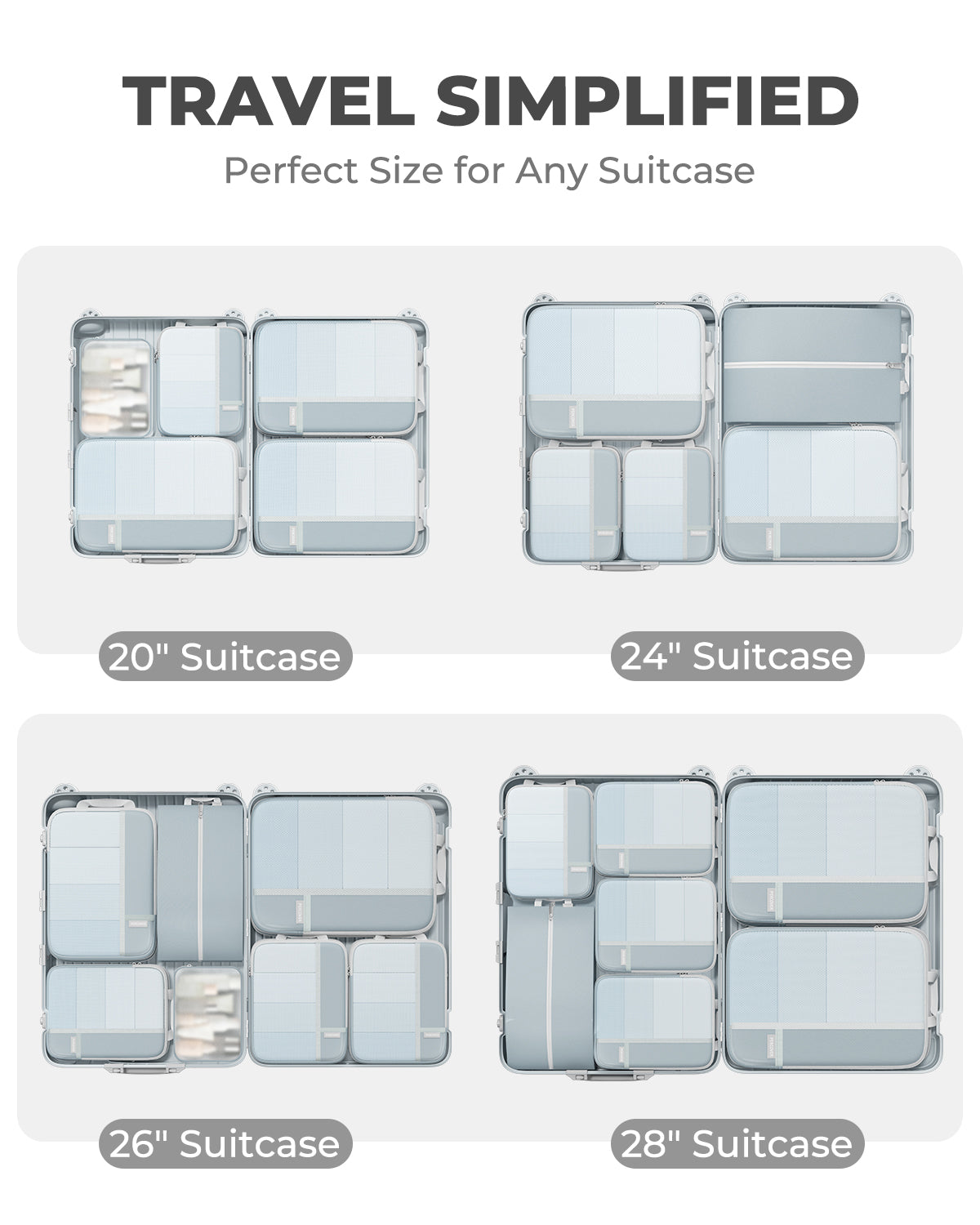 Packable bags for different suitcase sizes on a white background