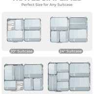 Packable bags for different suitcase sizes on a white background