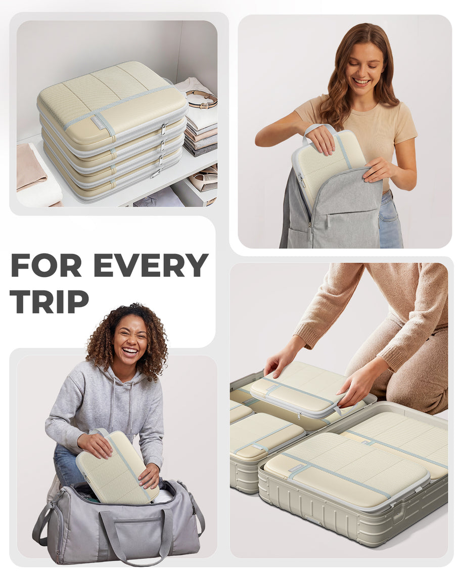 Collage of people using packing cubes with text 'FOR EVERY TRIP'.