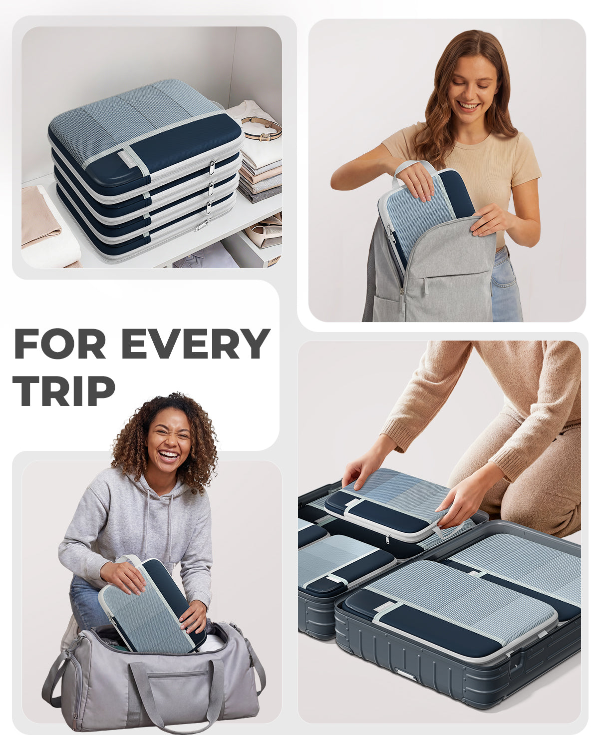 Collage of a woman using travel packing cubes with text 'FOR EVERY TRIP'.