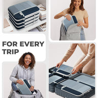 Collage of a woman using travel packing cubes with text 'FOR EVERY TRIP'.