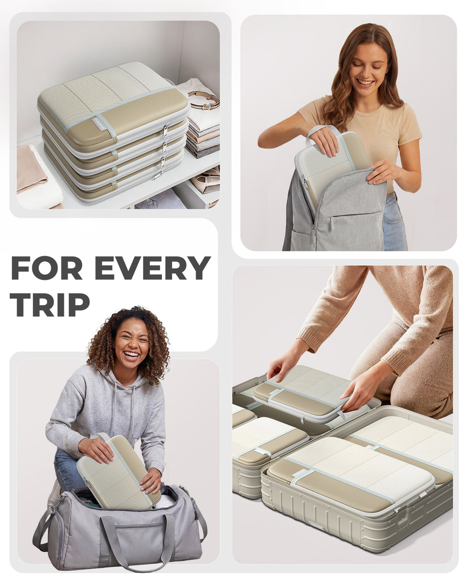 Collage of people using travel packing cubes with text 'FOR EVERY TRIP'.