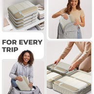 Collage of people using travel packing cubes with text 'FOR EVERY TRIP'.
