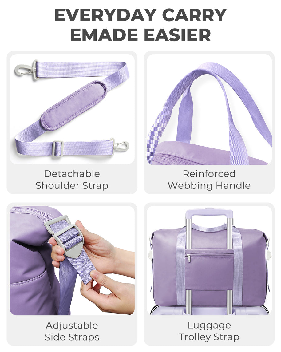 Purple bag with various straps and handles on a white background