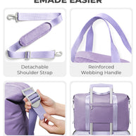 Purple bag with various straps and handles on a white background