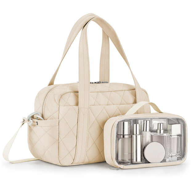 Beige quilted handbag with a clear travel case containing cosmetic bottles on a white background