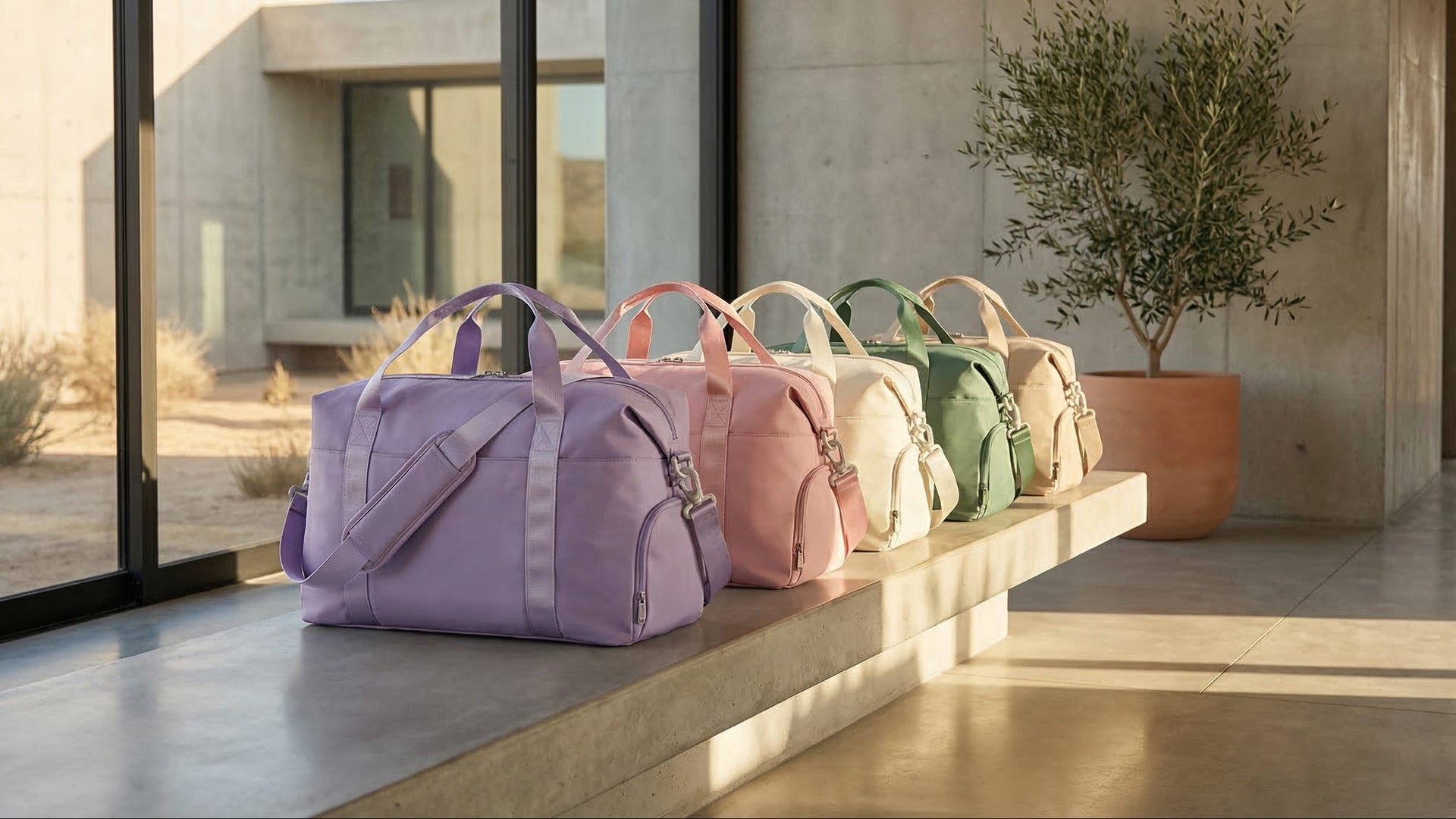 Colorful bags displayed on a bench with a modern building and desert landscape in the background